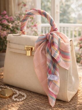 Vintage ECHO France Pastel Plaid Cotton Scarf 25x26 Cottagecore